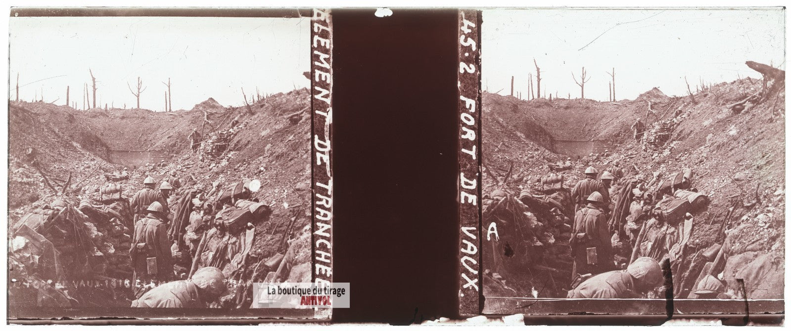 Fort de Vaux, tranchées, guerre WW1, plaque verre stéréo, photo 4,5x10,7 cm