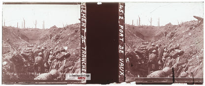 Fort de Vaux, tranchées, guerre WW1, plaque verre stéréo, photo 4,5x10,7 cm