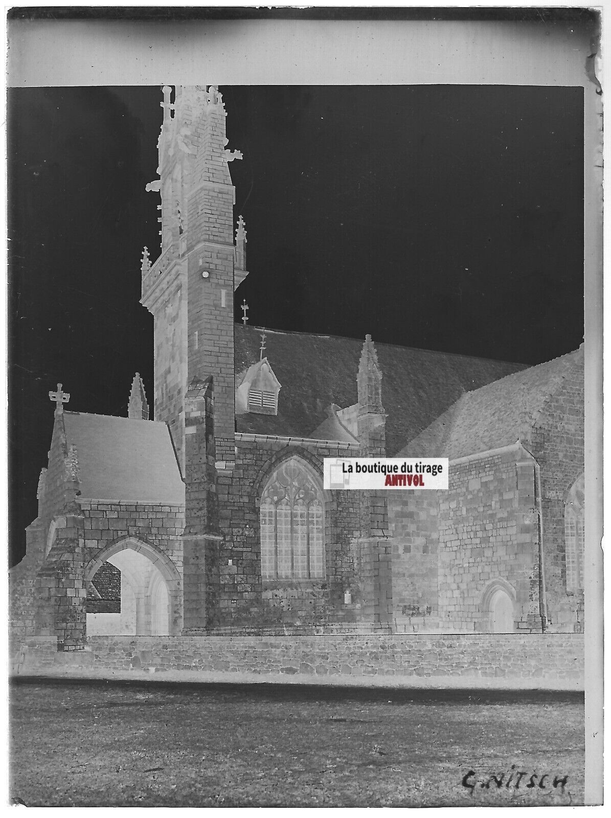 Église Saint-Ouen des Iffs, Plaque verre photo, négatif noir & blanc 9x12 cm