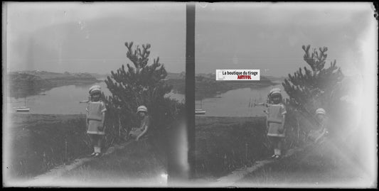 Bretagne, mer, bateau, stéréoscopie, photo plaque verre, négatif 9x18 cm