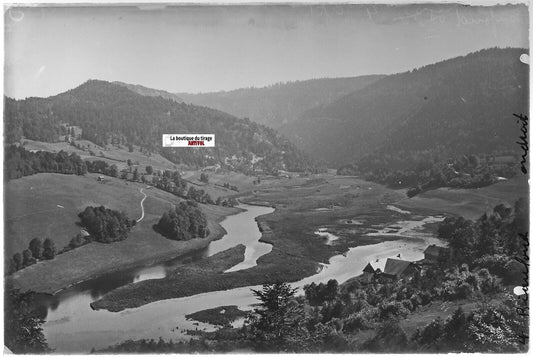 Lac Biaufond, Doubs, Plaque verre photo ancienne, positif noir & blanc 10x15 cm