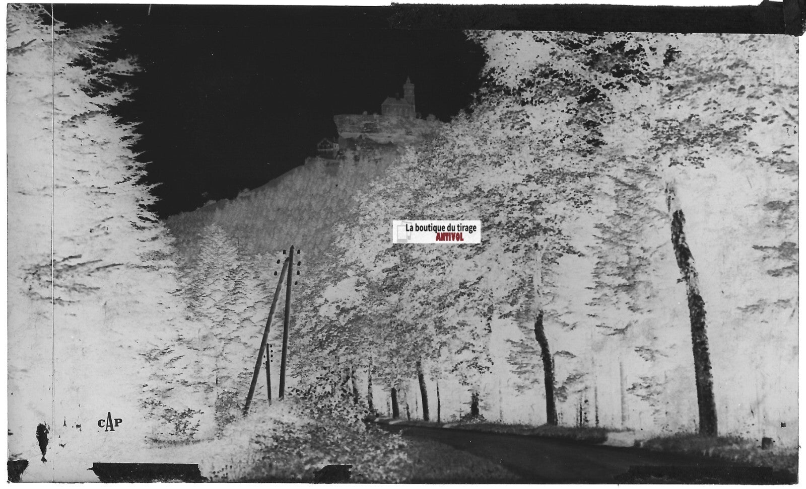 Plaque verre photo, négatif noir & blanc 9x14 cm, Dabo, Chapelle et hôtel, route