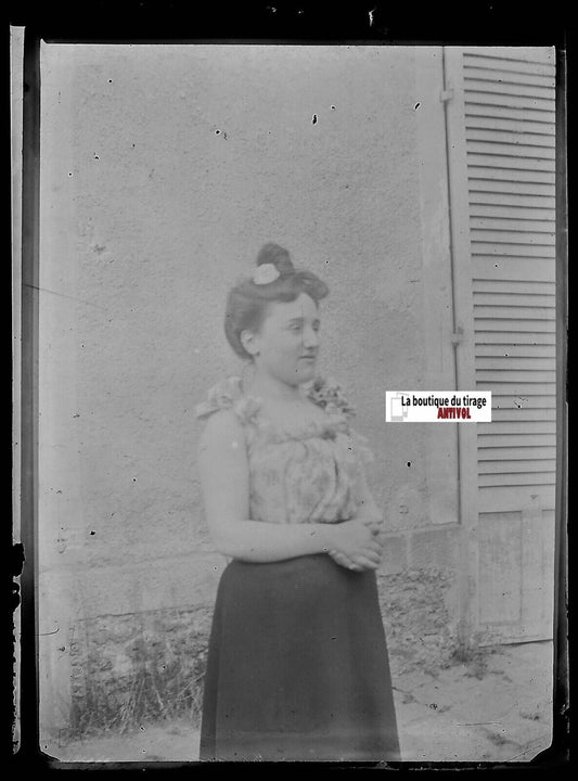 Portrait, femme, Plaque verre photo ancienne, négatif noir & blanc 6x9 cm