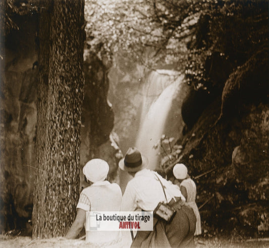 Les Contamines-Montjoie, cascade, plaque verre photo ancienne stéréo 6x13 cm