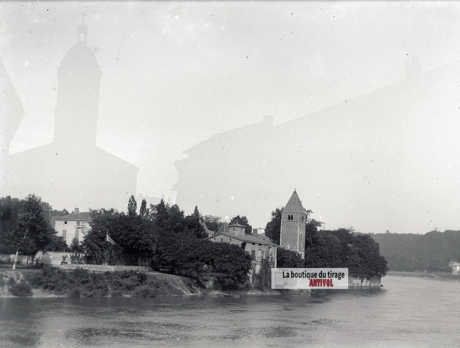 Île Barbe, Lyon, paysage, Saône,plaque verre photo ancienne, négatif 9x12 cm