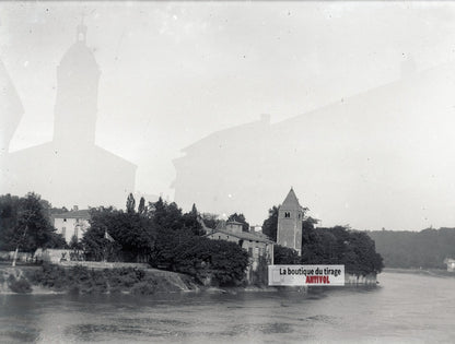 Île Barbe, Lyon, paysage, Saône,plaque verre photo ancienne, négatif 9x12 cm