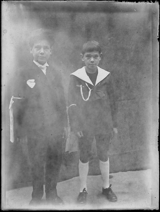 Plaque verre photo ancienne noir et blanc négatif 9x12 cm garçons glass plate 