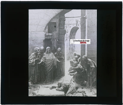 La guérison des lépreux, photo plaque verre, noir & blanc, positif 8,5x10 cm
