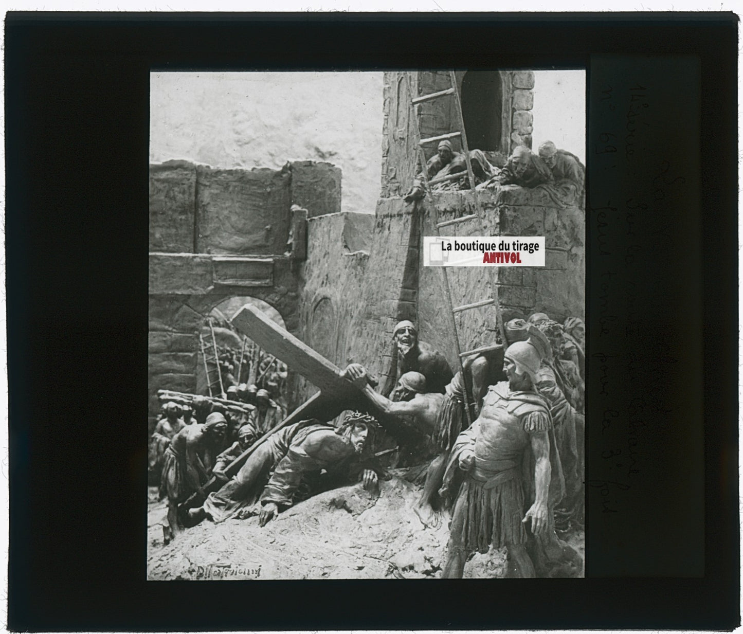 Jésus tombe, Christ, photo ancienne plaque verre, noir & blanc, 8,5x10 cm