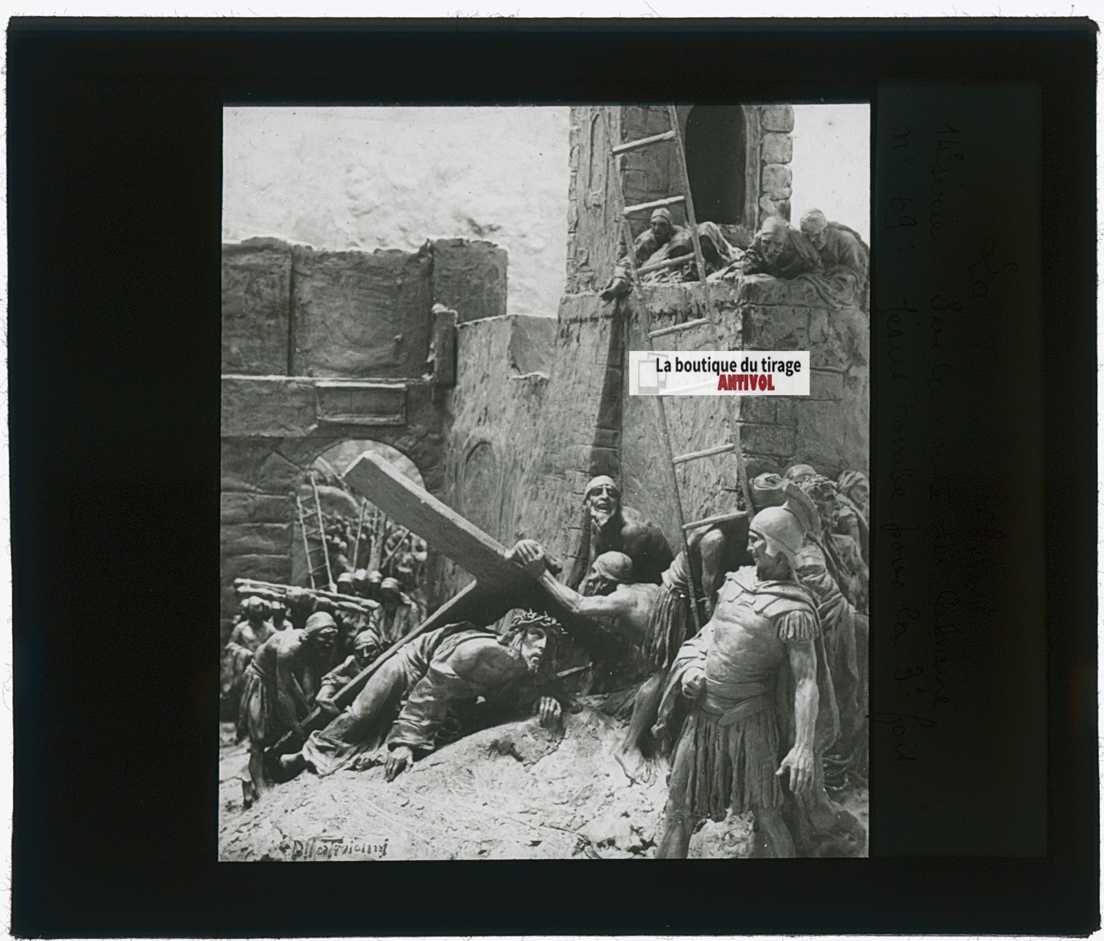 Jésus tombe, Christ, photo ancienne plaque verre, noir & blanc, 8,5x10 cm