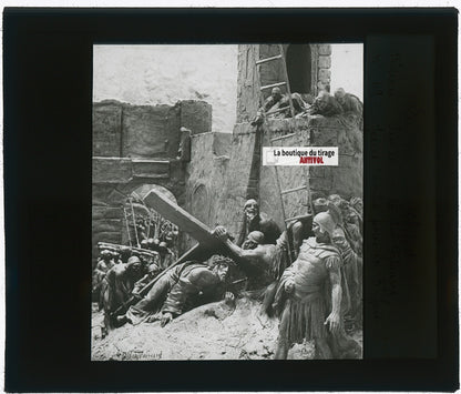 Jésus tombe, Christ, photo ancienne plaque verre, noir & blanc, 8,5x10 cm