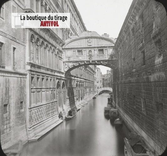 Pont des Soupirs, Venise Italie, photo ancienne plaque verre, positif 8,5x10 cm