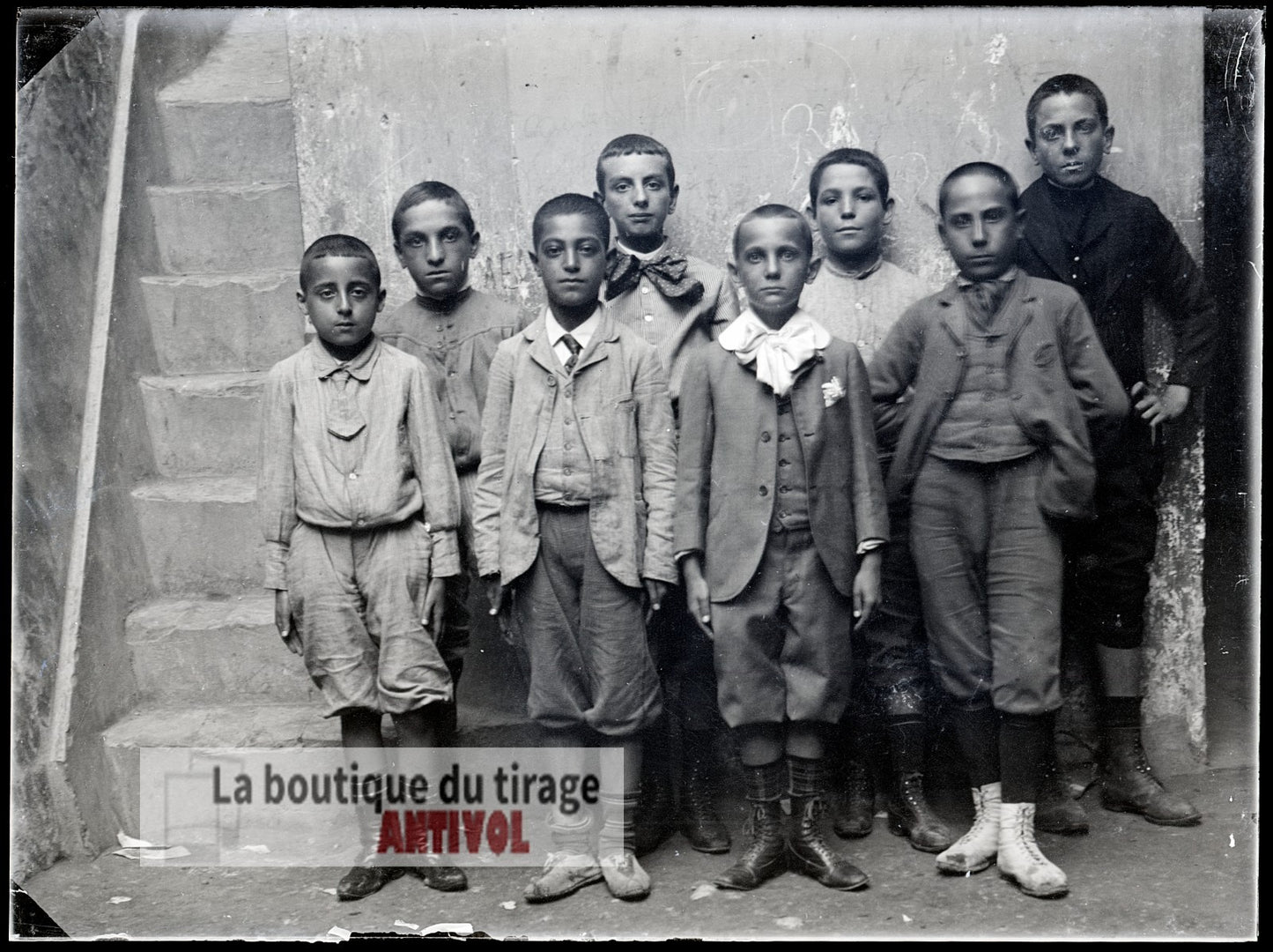 Groupe d’écoliers, garçons, plaque verre, photo ancienne, négatif 9x12 cm