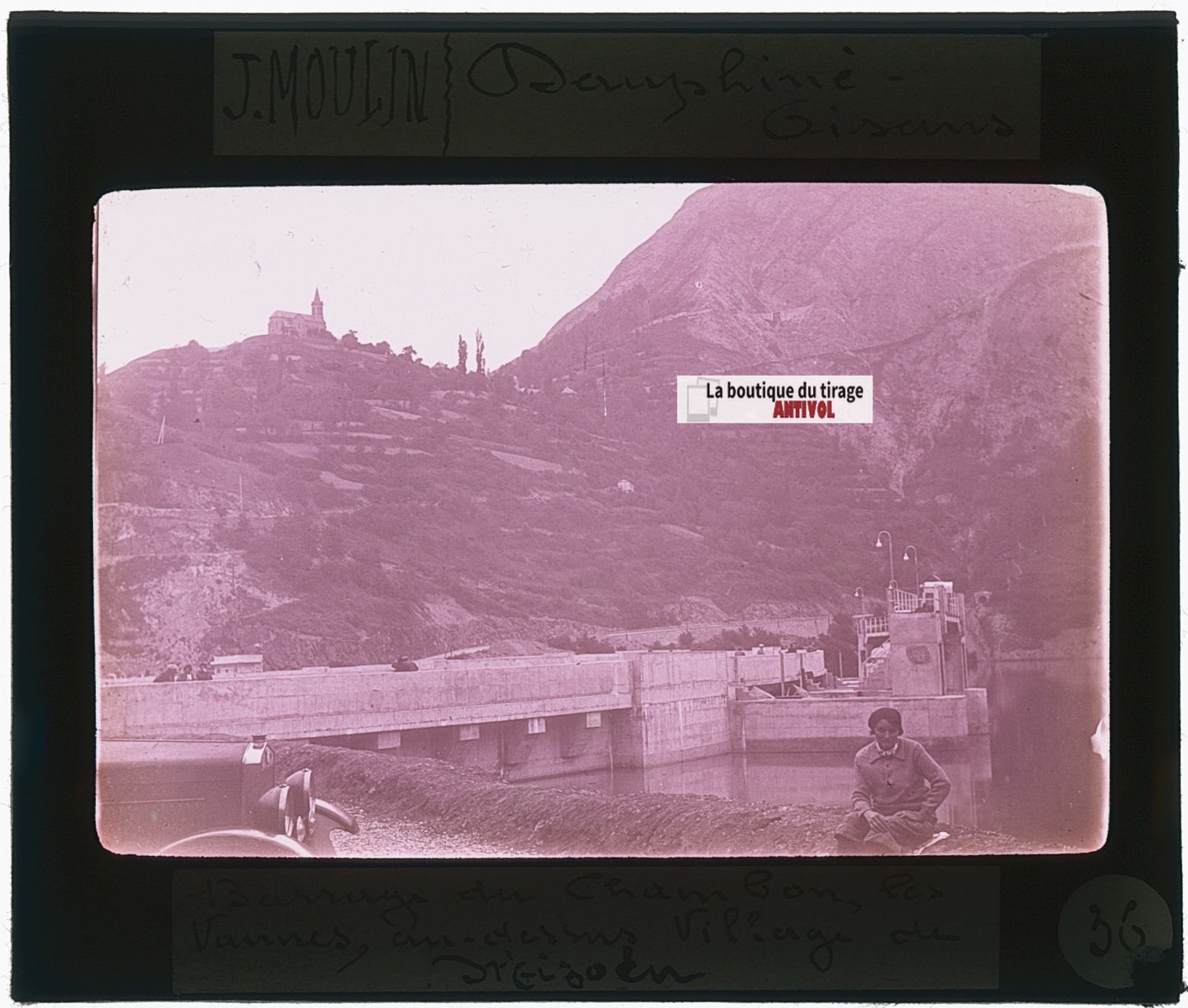 Barrages du Chambon, photo J. Moulin, plaque verre, couleur, positif 8,5x10 cm