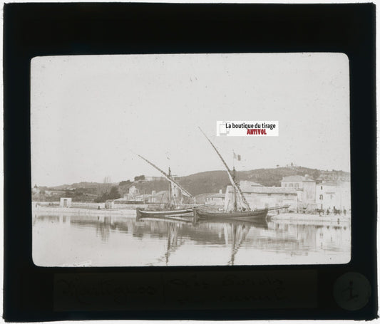 Martigues, Provence, bateaux, photo ancienne plaque de verre, positif 8,5x10 cm