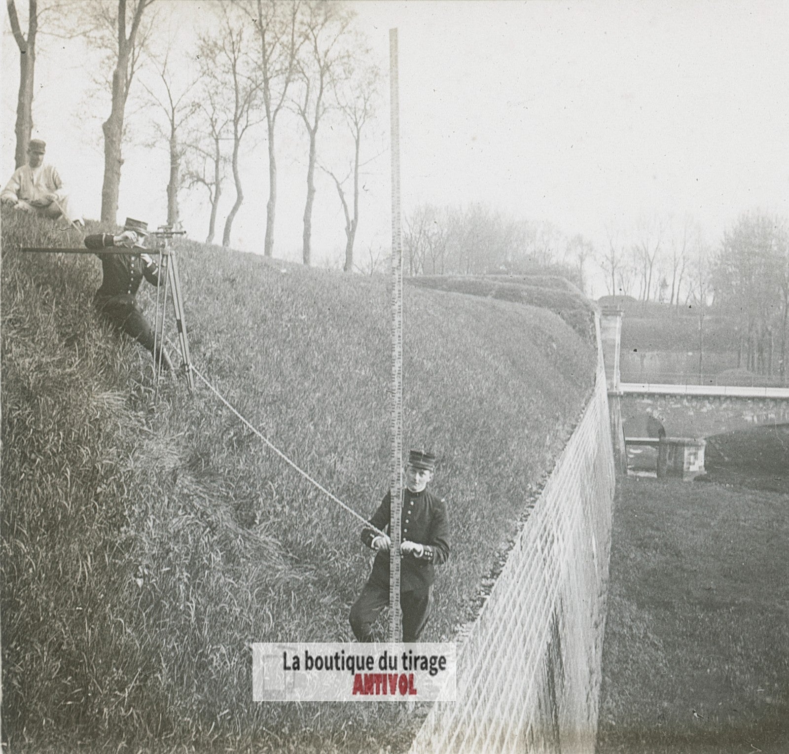 Exercices du génie militaire, plaque verre stéréo, photo ancienne 4,5x10,7 cm