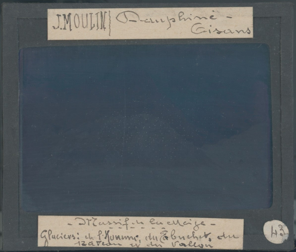 Massif de la Meije, glaciers, photo J. Moulin, plaque verre, couleur, 8,5x10 cm
