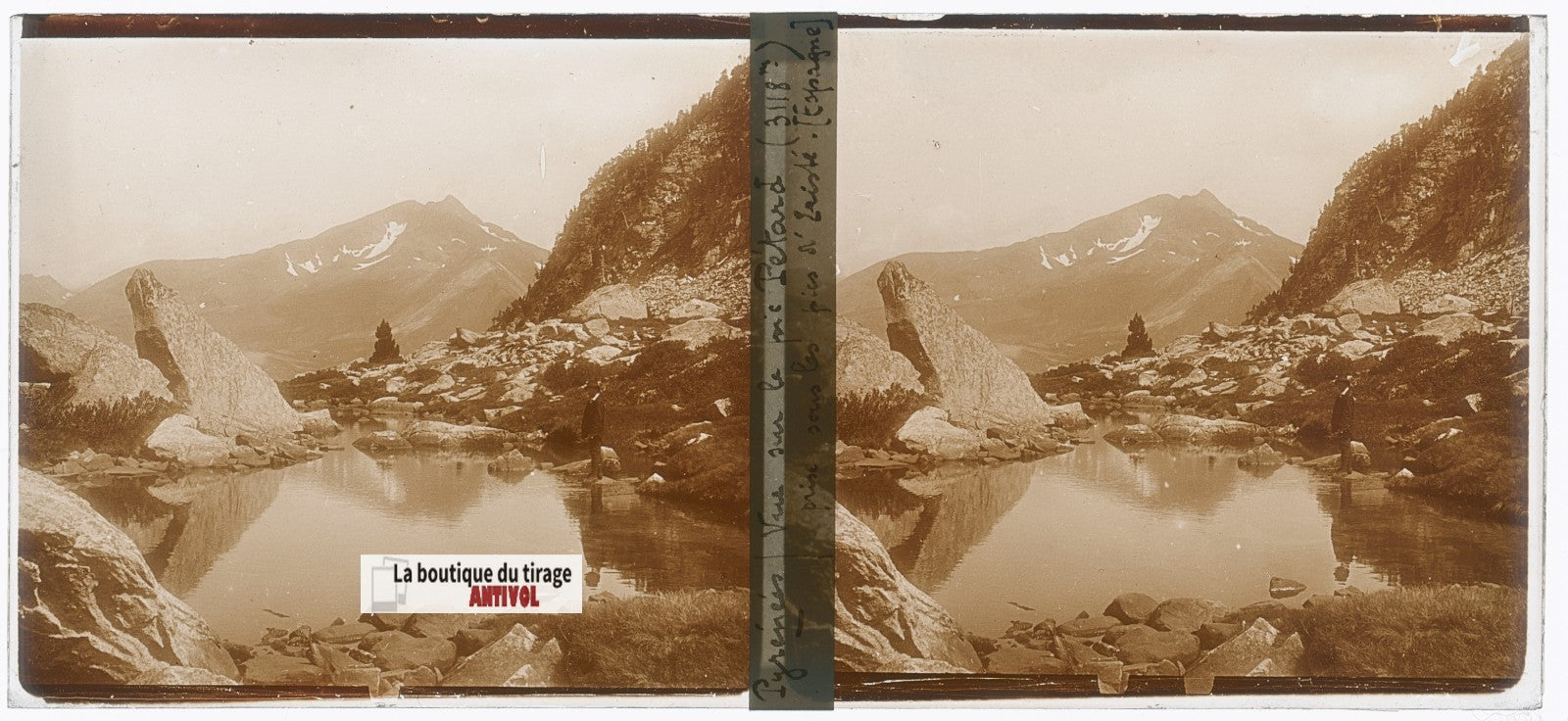 Pic Petar, Pyrénées, plaque verre, photo ancienne stéréo, sépia 6x13 cm