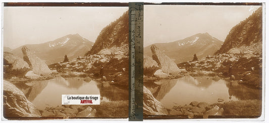 Pic Petar, Pyrénées, plaque verre, photo ancienne stéréo, sépia 6x13 cm