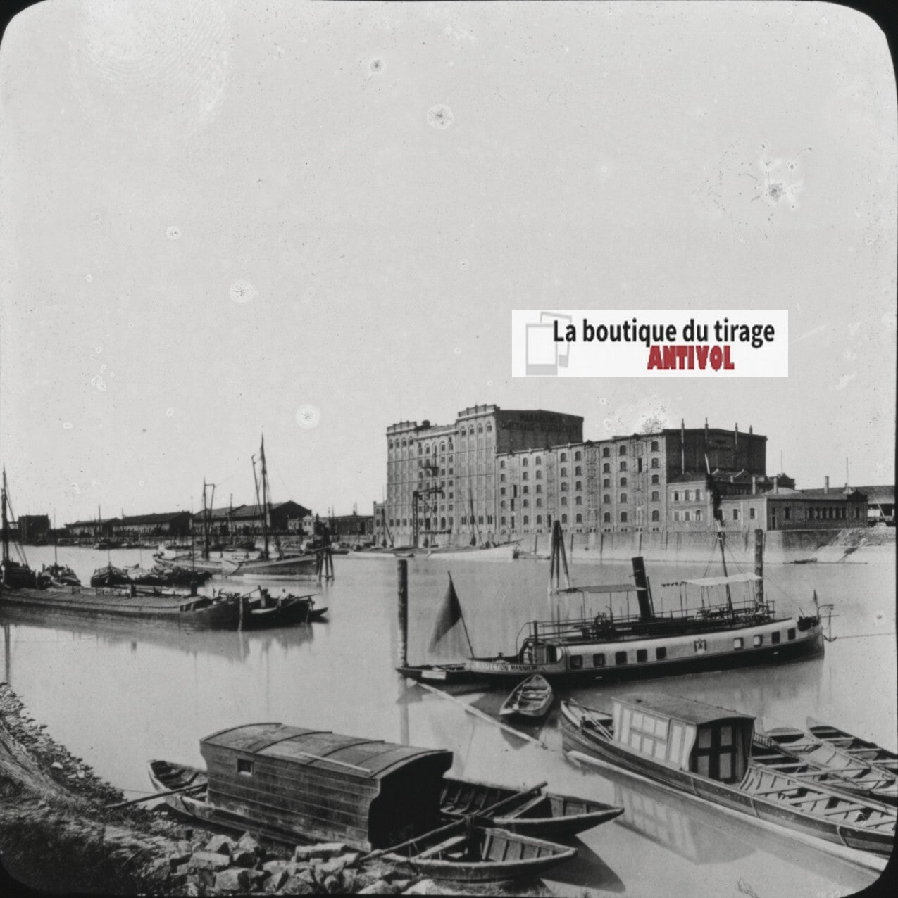 Port de Mannheim, bateaux, Allemagne, photo plaque verre, positif 8,5x10 cm