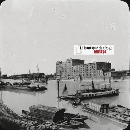Port de Mannheim, bateaux, Allemagne, photo plaque verre, positif 8,5x10 cm