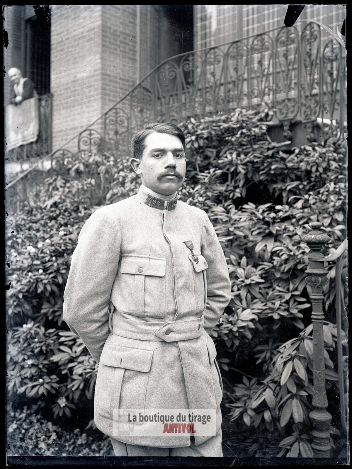 Officier du 26ᵉ régiment, soldat, plaque verre, photo ancienne, négatif 9x12 cm