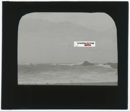 Paysage, mer, vague, photo ancienne plaque de verre, positif 8,5x10 cm