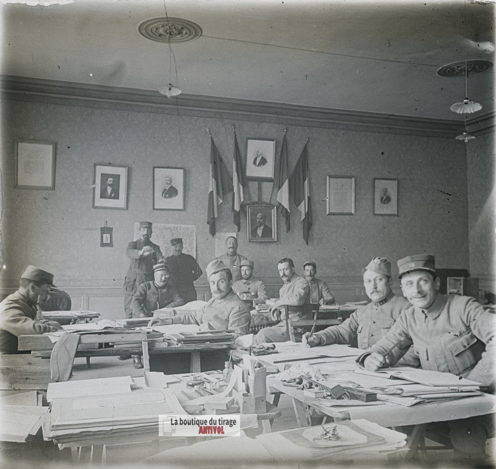 État-major français, guerre WW1, plaque verre photo ancienne stéréo 6x13 cm