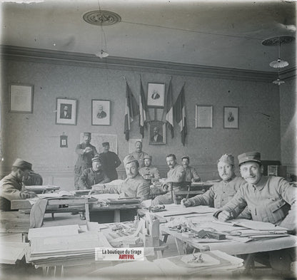 État-major français, guerre WW1, plaque verre photo ancienne stéréo 6x13 cm