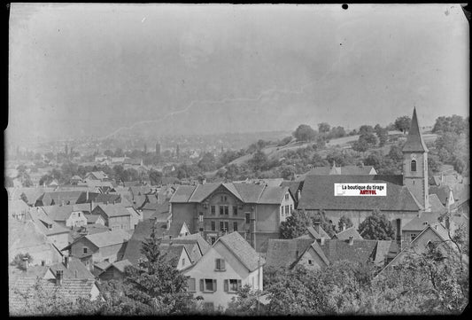 Hésingue église, Plaque verre photo ancienne, négatif noir & blanc 10x15 cm