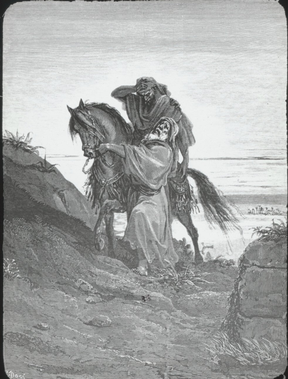 Le Bon Samaritain, Bible de Doré, dessin, plaque verre, positif 8,5x10 cm