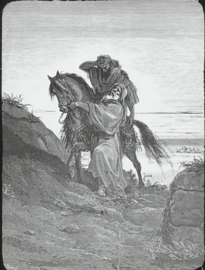 Le Bon Samaritain, Bible de Doré, dessin, plaque verre, positif 8,5x10 cm