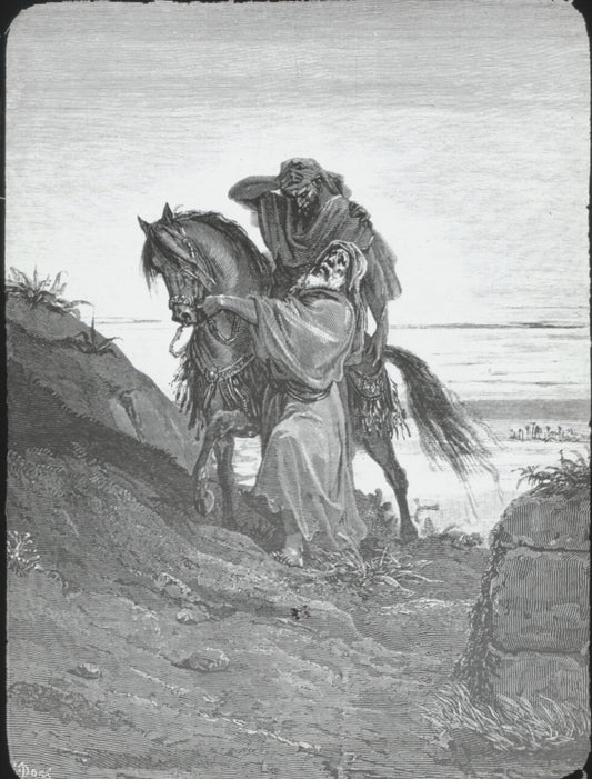 Le Bon Samaritain, Bible de Doré, dessin, plaque verre, positif 8,5x10 cm