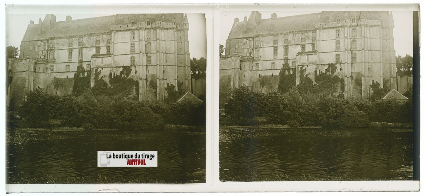 Château de Châteaudun, plaque verre, photo stéréoscopie, noir & blanc 6x13 cm