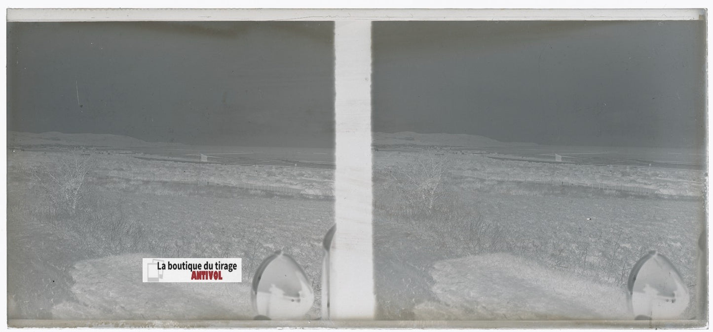 Algérie, paysage mer, plaque verre, photo stéréo, négatif N&B 6x13 cm