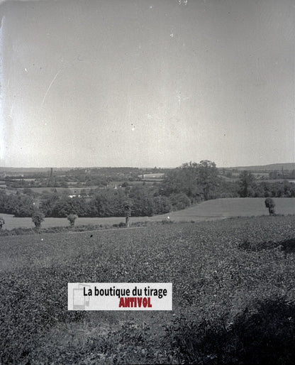 Champs, paysage France, plaque verre, photo ancienne, négatif N&B 6x13 cm