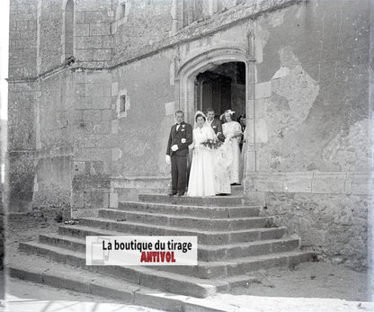 Mariage, village France, plaque verre, photo ancienne, négatif N&B 6x13 cm