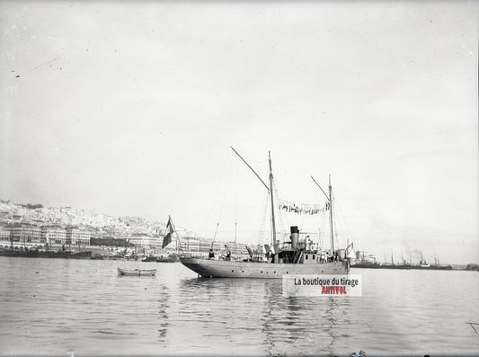 Algérie, port d'Alger, bateau, plaque verre photo ancienne, négatif 9x12 cm