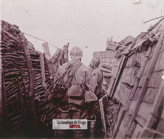 Les Éparges, corvée soupe, guerre WW1, plaque verre stéréo, photo 4,5x10,7 cm