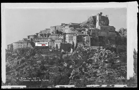 Plaque verre photo négatif noir & blanc 9x14 cm, Èze, château du roi de Suède