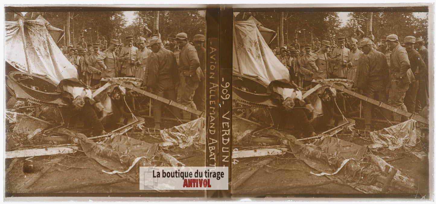 Verdun, avion allemand, guerre WW1, plaque verre photo ancienne stéréo 6x13 cm