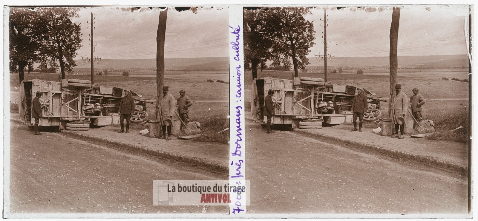 Dormans, camion militaire guerre WW1, plaque verre photo ancienne stéréo 6x13 cm