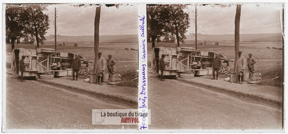 Dormans, camion militaire guerre WW1, plaque verre photo ancienne stéréo 6x13 cm