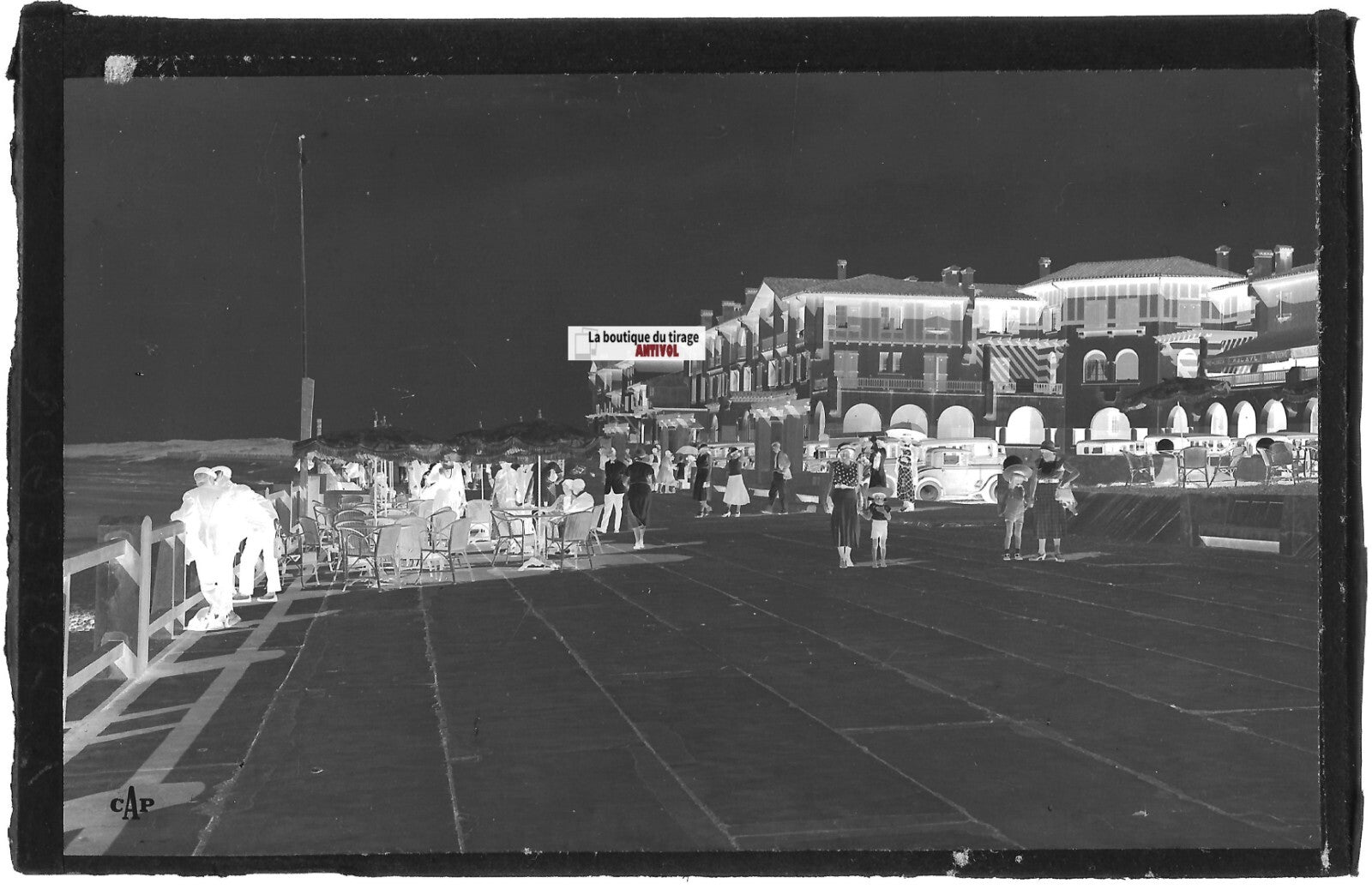 Plaque verre photo, négatif noir & blanc 9x14 cm, Soorts-Hossegor, terrasse