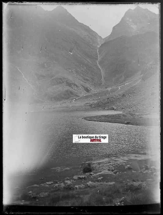 Etang d'Izourt, Ariège Pyrénées, Plaque verre photo négatif noir & blanc 9x12 cm