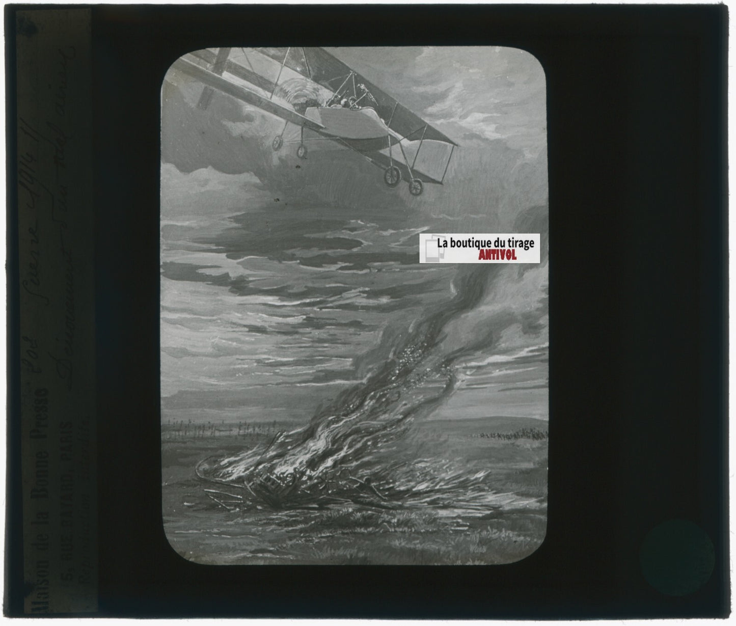 Dessin guerre 14-18, avion, plaque verre, noir & blanc, positif 8,5x10 cm