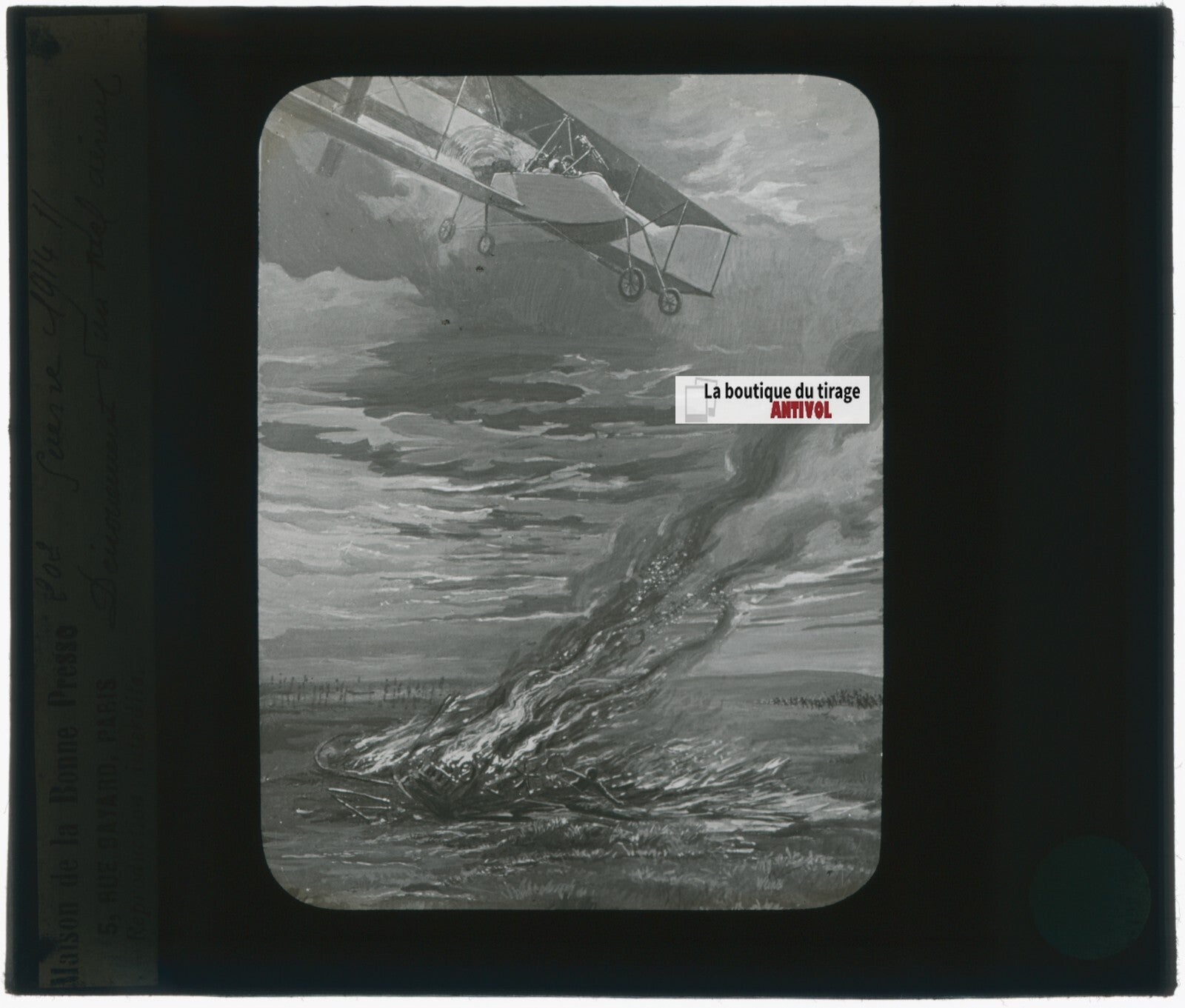 Dessin guerre 14-18, avion, plaque verre, noir & blanc, positif 8,5x10 cm