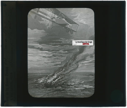 Dessin guerre 14-18, avion, plaque verre, noir & blanc, positif 8,5x10 cm