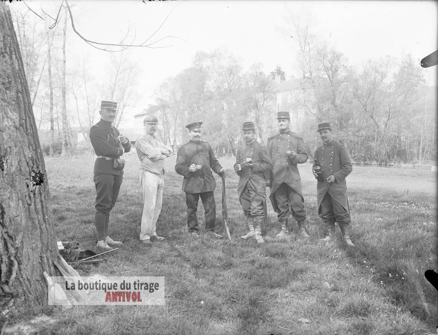 Soldats français et douanier, WW1, plaque verre, photo ancienne, négatif 9x12 cm