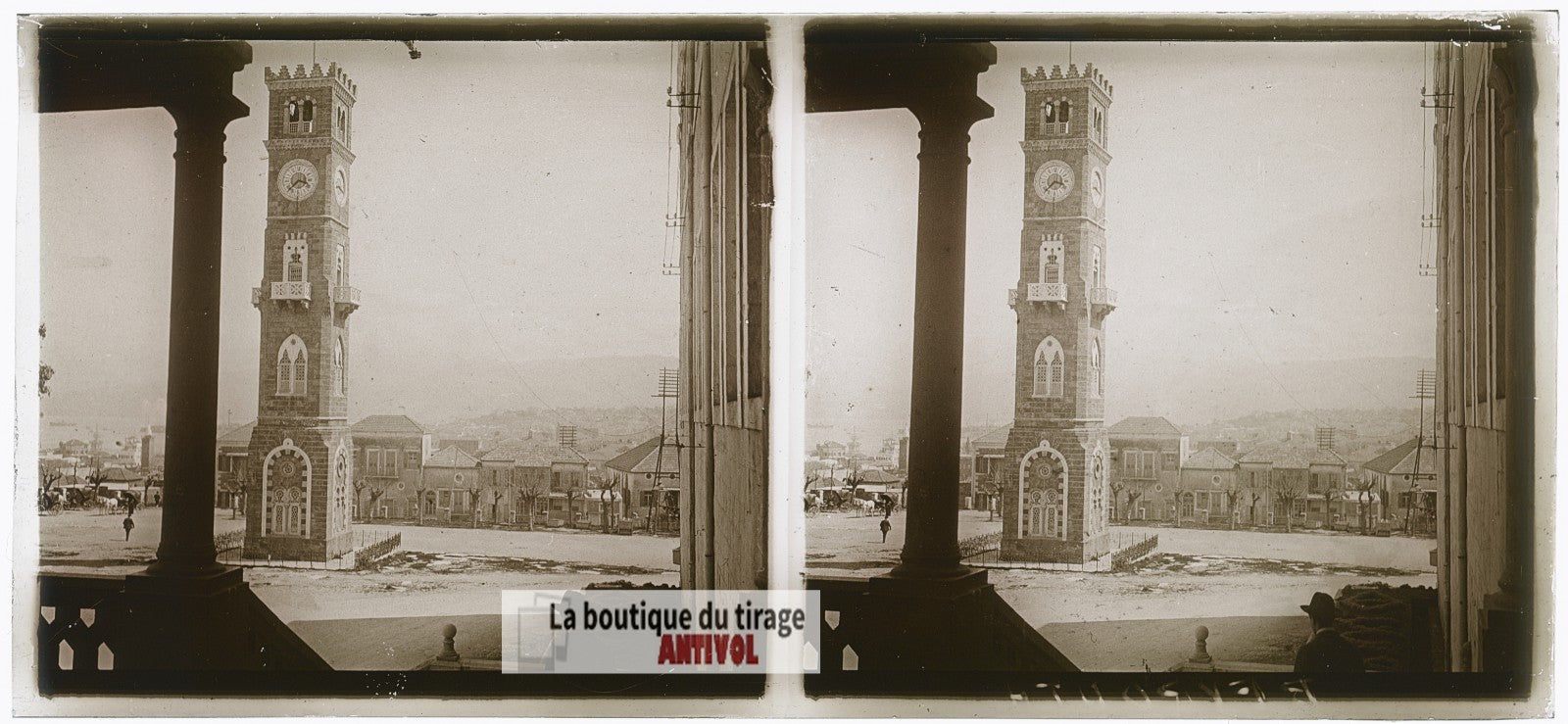 Beyrouth, horloge du Grand Sérail, plaque verre photo ancienne stéréo 6x13 cm